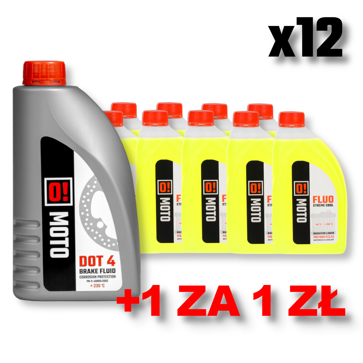 OMOTO sada 12 kusů chladící kapalina 1L O! FLUO XTREME COOL + OMOTO brzdová kapalina DOT-4 O! BRAIK FLUID 455G